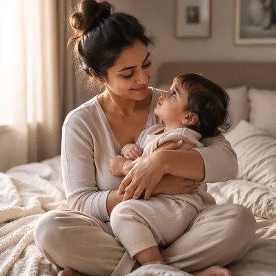 Mother Holding Toddler on Cozy Bed