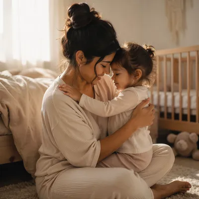 Tender Mother and Toddler Bedroom Embrace