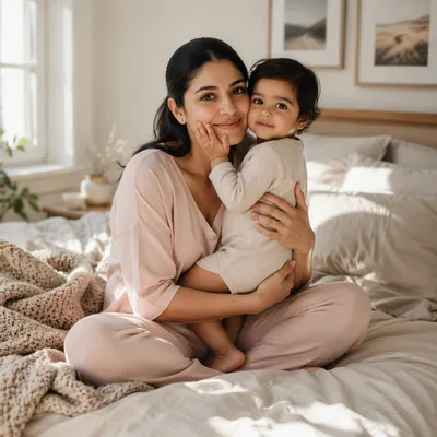 Tender Mother and Toddler on Bed