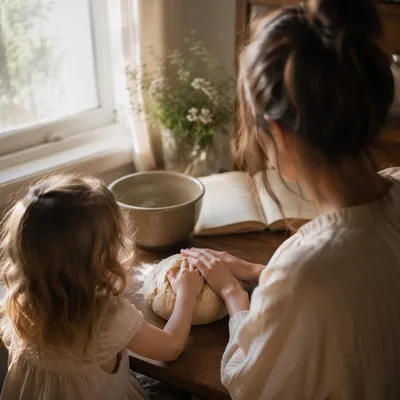 Mother and Child Shaping Bread Together