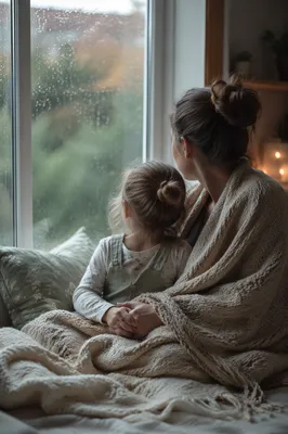 Tender Mother and Child Rainy Window Moment