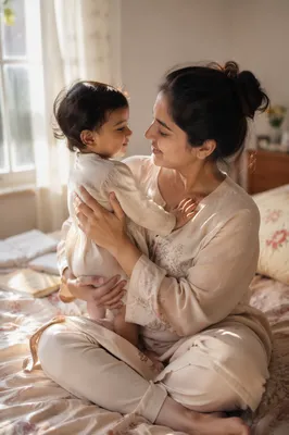 Tender Mother and Toddler on Bed