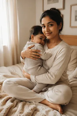 Young Mother Holding Toddler on Bed