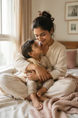 South Asian Mother Holding Toddler Indoors