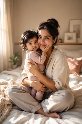 Tender Mother and Toddler on Bed