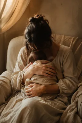 Tender Mother Cradling Infant in Warm Light