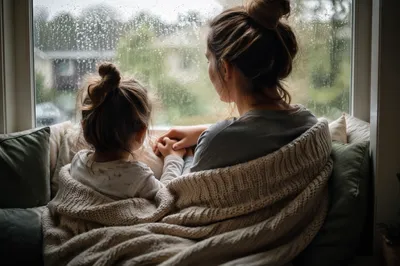 Tender Mother and Child Rainy Window Moment