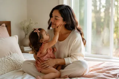 Mother Holding Toddler on Sunlit Bed