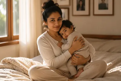 Young Mother Holding Toddler on Bed