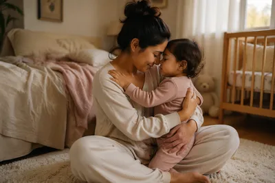 Mother Embracing Sleepy Toddler in Sunlit Bedroom
