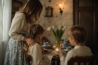 Tender Mother and Child at Vintage Table