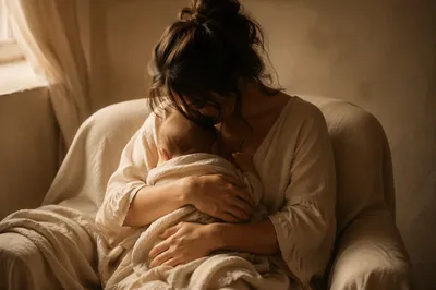 Tender Mother and Infant in Warm Window Light