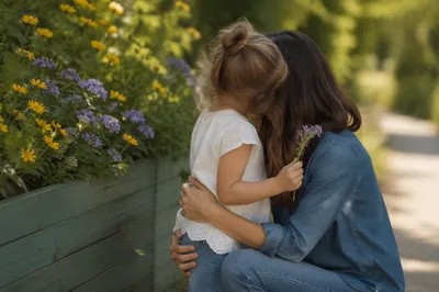 Tender Mother and Child Garden Embrace