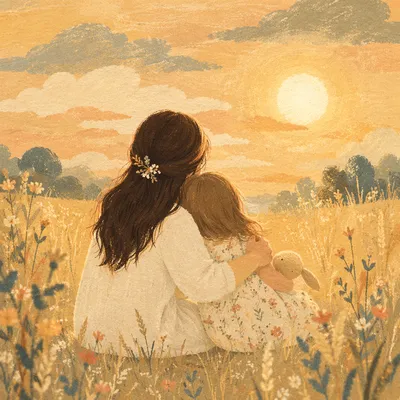 Mother and Child Embrace in Warm Meadow Light