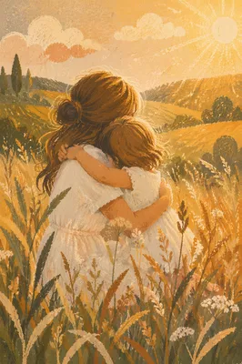 Mother and Child Embrace in Golden Meadow