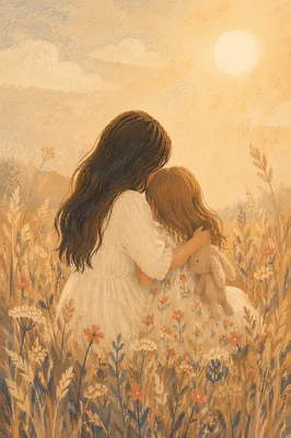Mother and Child Embrace in Golden Meadow