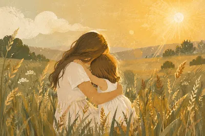 Mother and Child Embrace in Golden Meadow