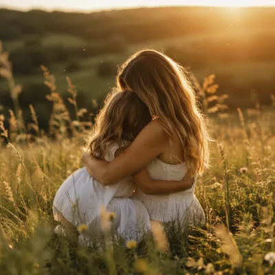 Mother and Child Hug at Golden Hour