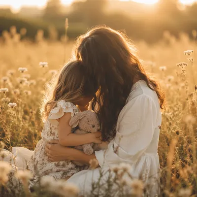 Mother and Child Embrace in Golden Meadow