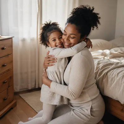Mother and Daughter Hug in Morning Light