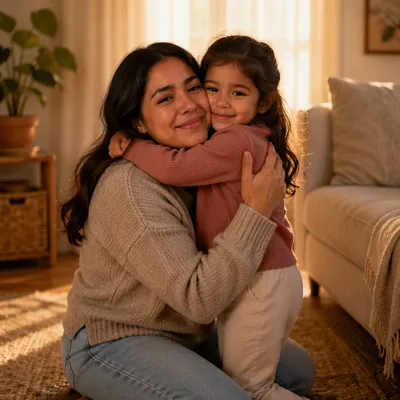 Mother Hugging Daughter in Warm Living Room