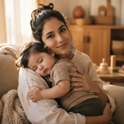 Mother Hugging Sleepy Toddler on Sofa