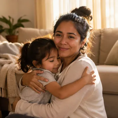 Mother Hugging Young Daughter in Warm Light