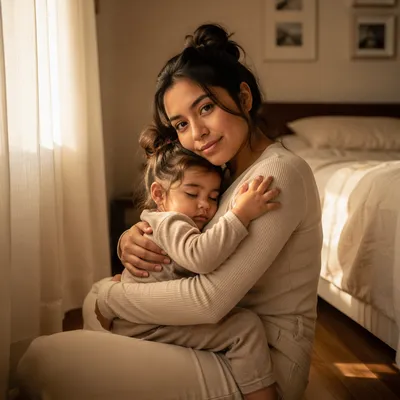 Mother Hugging Sleepy Toddler by Window