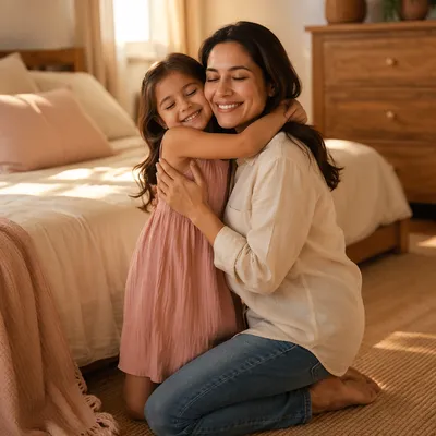 Mother and Daughter Hug in Sunlit Bedroom