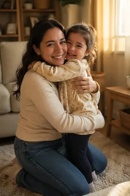 Mother Hugging Young Daughter in Warm Light