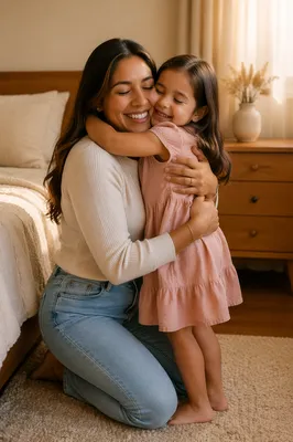 Mother Embracing Daughter in Sunlit Bedroom