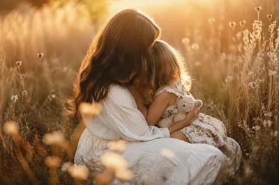 Mother and Child Embrace in Golden Meadow