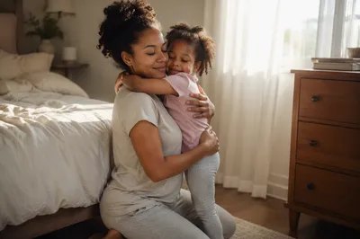 Mother and Daughter Hug in Sunlit Bedroom