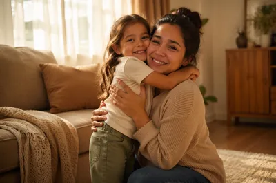 Mother and Daughter Hug in Warm Light