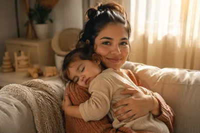 Mother Hugging Sleepy Toddler on Sofa