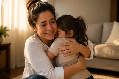 Mother Hugging Young Daughter in Warm Light