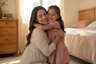 Mother and Daughter Hugging in Sunlit Bedroom