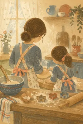 Mother and Daughter Baking in Warm Kitchen