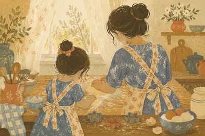 Mother and Daughter Baking in Cozy Kitchen