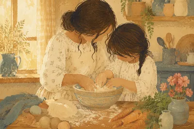 Mother and Daughter Baking Fellowship Scene