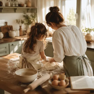 Mother and Daughter Baking in Cozy Kitchen