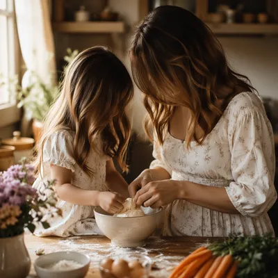 Mother and Daughter Baking in Warm Kitchen