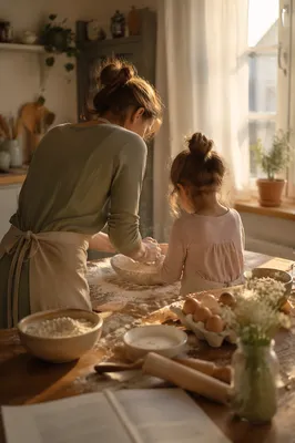 Mother and Daughter Baking in Warm Kitchen
