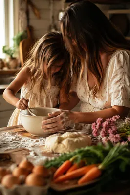 Mother and Daughter Baking in Cozy Kitchen