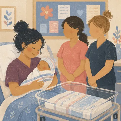 Mother Holding Newborn in Hospital Room