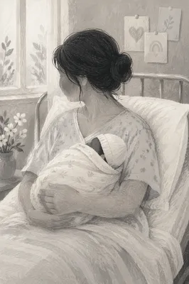 Mother Cradling Newborn in Hospital Room
