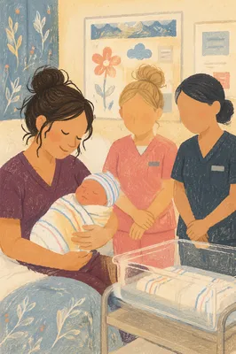 Mother Holding Newborn in Hospital Room