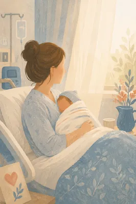 Mother Cradling Newborn in Hospital Room