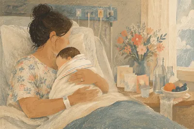 Tender Mother and Newborn Hospital Embrace