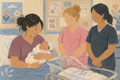 Mother Holding Newborn in Hospital Room